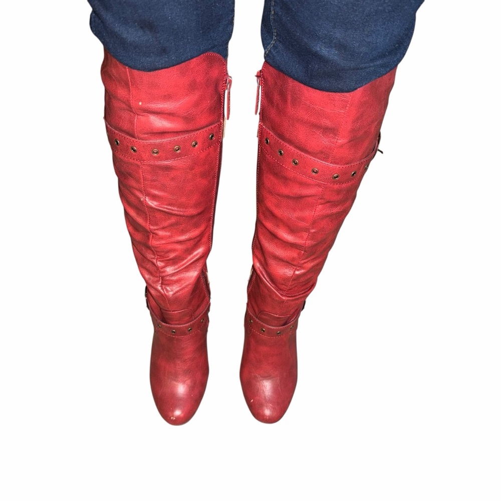 Forever Young ALKA Red Over The Knee Wedge Boots - Size 6 - Picture 3 of 14